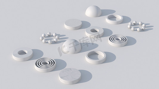 白色圆形的形状和球。摘要说明，3D渲染.
