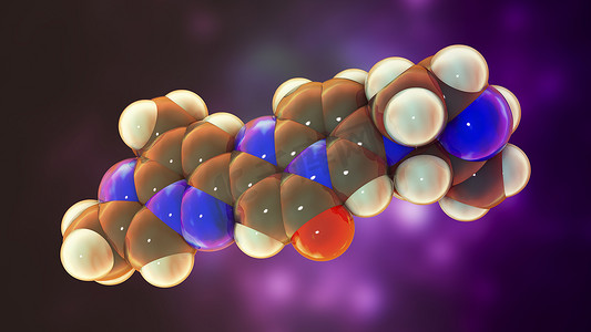 药物分子摄影照片_Ridiplam药物分子，3D插图。一种用于治疗脊髓肌肉萎缩症的药物，SMA