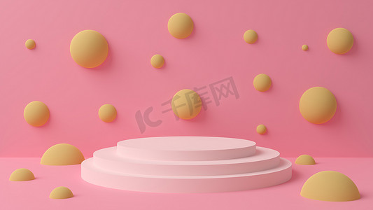 粉色平台和许多球体的3D图像.