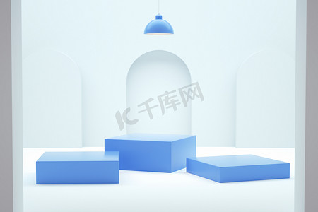 presentations摄影照片_Three blue square podiums on a neutral background for a product display in 3D rendering. Realistic pedestal, empty platform for ads and presentations