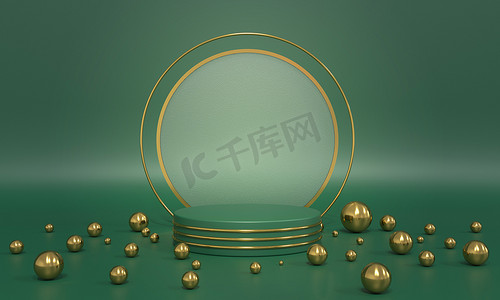 Podium, green background stand with golden balls, spheres and glass round. Premium background for advertising goods, items. Stylish fashion illustration, graphic design -3D, render.