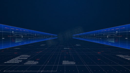 蓝光摄影照片_蓝光棒透视与未来数字技术接口背景摘要带网格的数字蓝光发光背景.