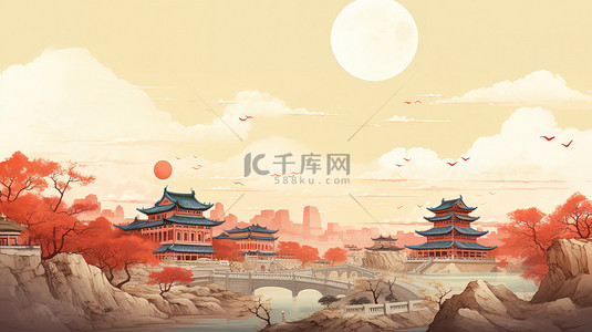 中国复古背景图片_中国古代建筑古典工笔画1