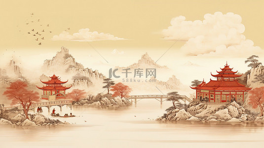 中国古典工笔画极简城墙中国风建筑6