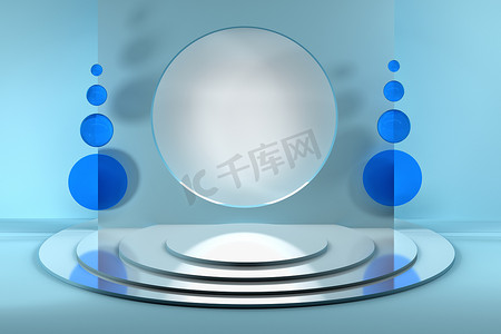 模板组成与圆形空白空间和蓝色玻璃镜装饰.3d说明.
