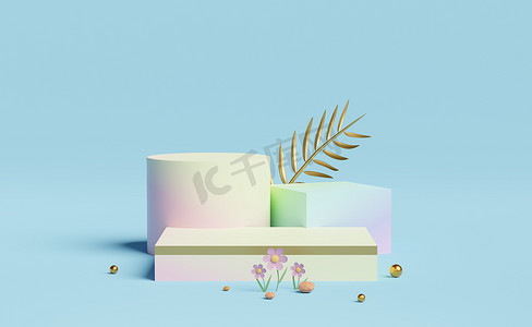 立方体和圆筒舞台空旷的花朵，蓝色的团团组成。夏季装饰概念，抽象展示背景，3D插图或3D渲染