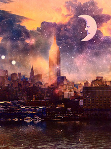龙在天上飞摄影照片_纽约市海滨和新月
