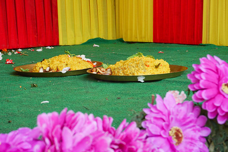 Holy food, called vog being offered to idol of God Jagannath, Balaram and Suvodra. Ratha jatra festival is famous Hindu festival in India. Howrah, West Bengal, India.