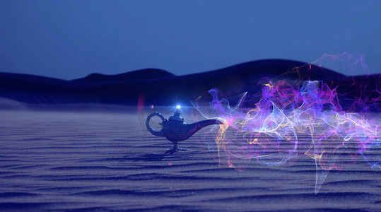 海之精灵摄影照片_沙漠中的愿望之灯- -从水壶里出来的精灵