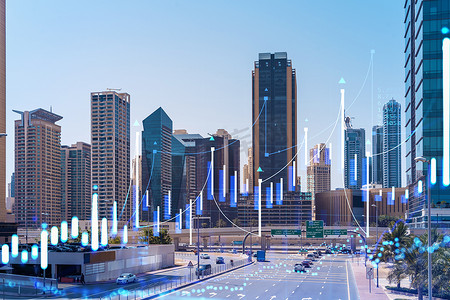 阿联酋市中心的城市景观摩天大楼。迪拜酋长国首都的现代天际线。2.西亚国际贸易中心。堵车FOREX图表和图表概念。加倍暴露