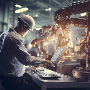 工程师在工厂使用笔记本电脑进行机器维护自动化工具机械臂