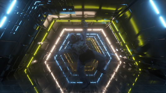 宇航员在宇宙飞船的走廊上坠落。Sci-Fi未来空间隧道VJ的标题和背景。霓虹灯。3d说明