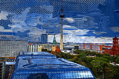 德国柏林摄影照片_德国柏林天际线全景，日落时分有电视塔和斯普雷河