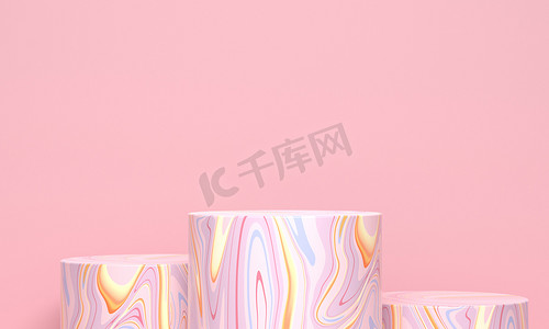 粉色背景上的几个大理石圆柱形的圆柱形的花坛。产品促销的最小背景设计。3d渲染