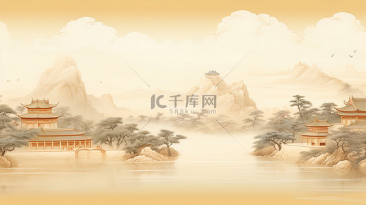 中国风建筑古典背景图片_中国古典工笔画极简城墙中国风建筑4