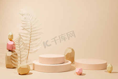 dried摄影照片_Composition of  geometric podiums, balancing wooden stones and dried leaves for products presentation or exhibitions.