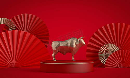 新年渲染摄影照片_大牛背景的中国新年。红色和金色装饰。3D渲染