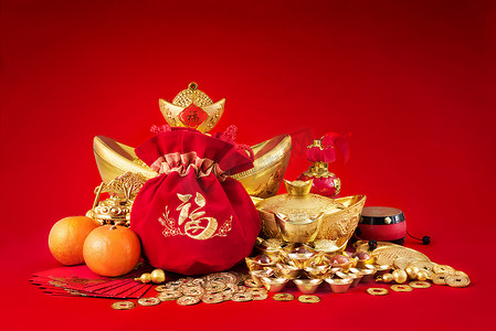 Chinese new year decorations, Gold Coins and money bag with character meaning, 