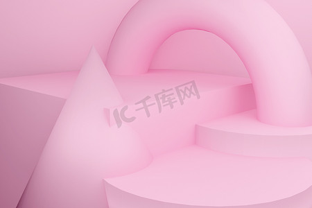 cone摄影照片_Abstract scene in pink tones, pedestal on a cylinder. Geometric bodies: cylinders, cone, cube, torus.