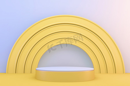 3D渲染。现代简约的黄色讲台抽象圆筒显示屏.