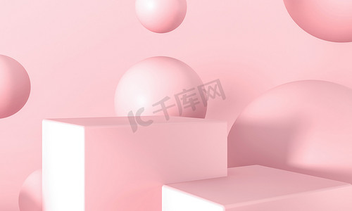 嚼口香糖盘，泡泡粉红的背景广告.平台，模板的展览基地。甜糖果- 3D渲染说明。情人节派对的动感弹跳球