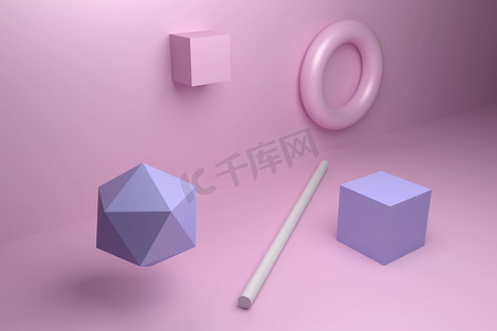 Abstract color scene with multicolored geometric bodies. Pink torus hanging on a pink wall, a cube pressed into a wall, a blue cube lying on the floor, a blue icosaedr hanging in the air, a gray long cylindrical rod.