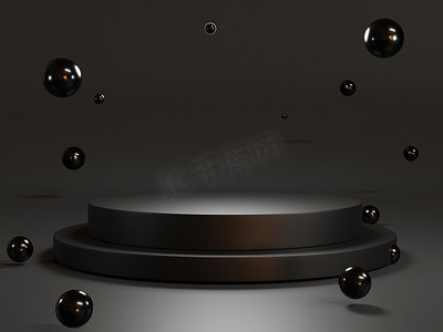 带深色背景和黑色圆球的最小圆形黑色空白讲台，用于展示产品，3D渲染技术概念.