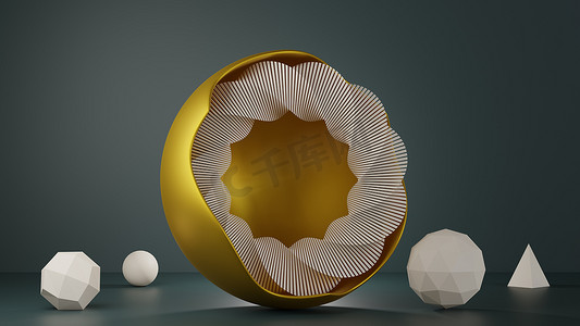 有金黄色圆形框架的几何形状。螺旋圈，金字塔，冰球，球体。以2021年流行色彩展示产品设计的现代背景.3D渲染说明