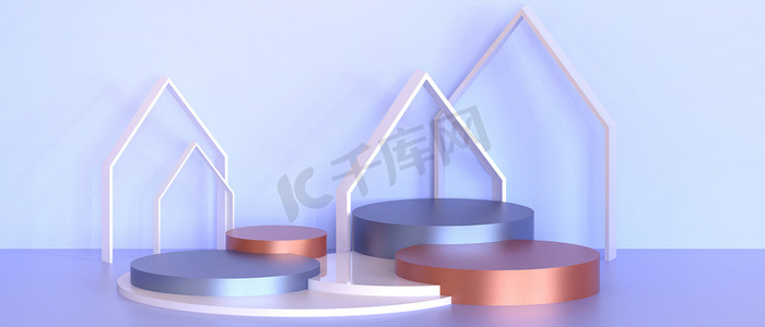 Podium横幅舞台。展示柱体几何形状与设计的产品展示概念紫色。复制空间- 3D渲染