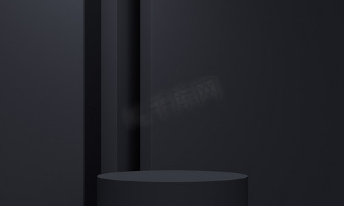 圆柱形讲台上的黑色背墙救济.产品促销的最小背景设计。3d渲染