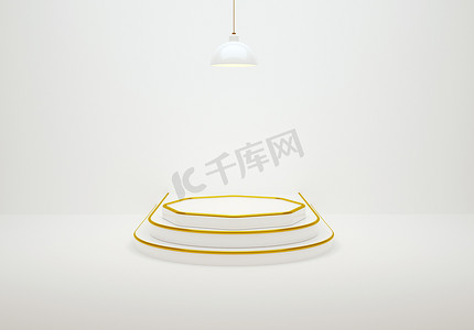 and摄影照片_3D rendering of a luxurious white and gold podium for a product showcase. Realistic pedestal, empty platform for ads, background and presentations