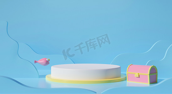 studio摄影照片_Abstract 3d rendering of white podium stand on blue pastel background scene with treasure chest for pedestal winner, display product, stage design. Creative ideas minimal summer fun in studio room.