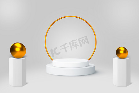 圆形平台,用于产品展示,球体三维渲染金球