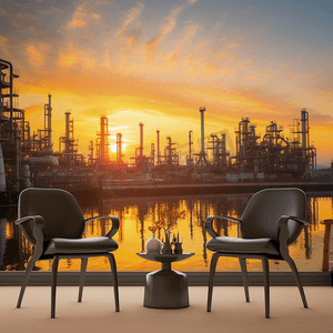 石化厂摄影照片_工程行业概念在办公室与石油和天然气工业炼油厂日落管道和石化厂的背景
