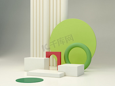 Minimal podium  to show a product with geometrical forms in green, cream and pink colors.  Abstract cosmetic background. Empty scene. Pastel cream minimal wall. Fashion showcase. 3d render. 