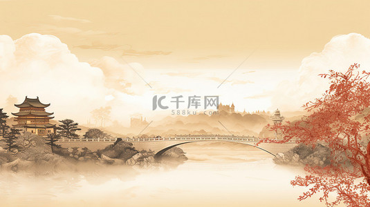 中国风建筑古典背景图片_中国古典工笔画极简城墙中国风建筑16