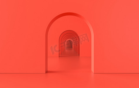 3D渲染。拱廊简朴的几何背景,建筑走廊,门廊,拱廊内的空墙.现代最低概念