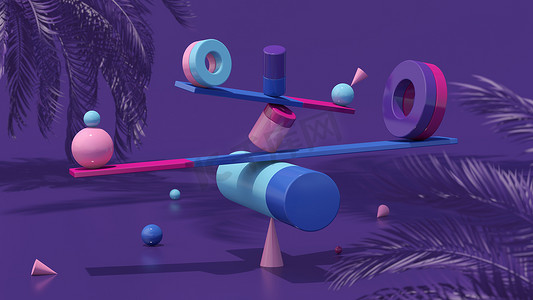 Equilibrium still life installation, balancing geometric shapes, palm tree. Abstract illustration, 3d render.