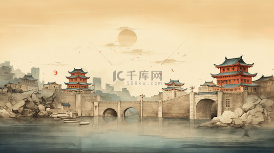 中国复古工笔画背景图片_中国古代建筑古典工笔画11