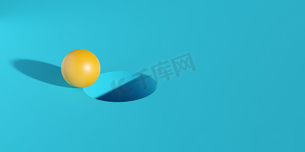 goal摄影照片_Yellow sphere on edge of hole on cyan background, target or goal minimal modern business concept, 3D illustration