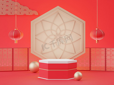 中国农历新年摄影照片_带有中国农历新年主题的空白讲台最小场景的3D渲染。模拟产品演示的展示台.简约设计的中国传统质感圆柱体阶段.