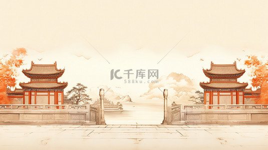 中国古典工笔画极简城墙中国风建筑1