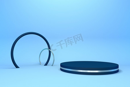 3D渲染蓝色基座和两个圆环。奢侈品极简主义产品模型