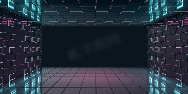 
logo摄影照片_Futuristic style empty hall room with luminescent lights in glowing wall and front black wall with copyspace for your logo. 3D rendering, mock up