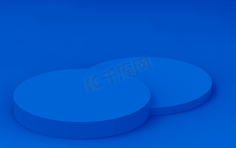 三维几何摄影照片_3D蓝色圆筒讲台最小工作室背景。摘要三维几何形体图解绘制.技术产品的展示.