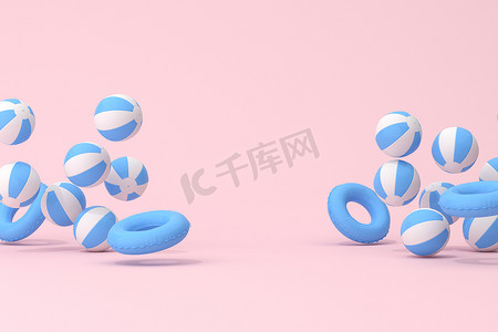 夏季3d摄影照片_粉色背景橡胶球充气环的最小场景，夏季概念，3D渲染.