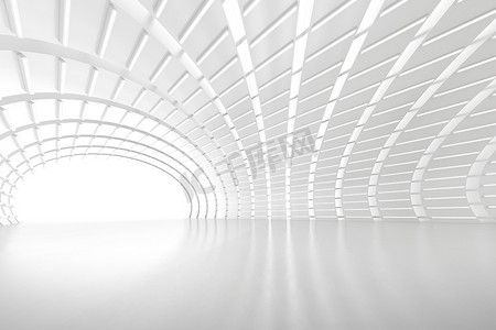 带灯光的空的未来拱形隧道房的三维渲染。科幻小说的概念.