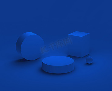 三维几何摄影照片_3D蓝领台现代最小设计工作室背景。摘要三维几何形体图解绘制.情人节产品的展示.