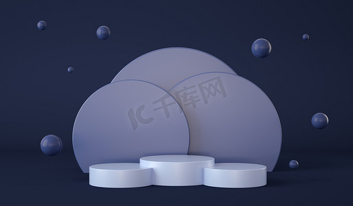 产品介绍摄影照片_空荡荡的蓝色讲台，背景为圆形，球体飘浮。产品介绍。3D渲染
