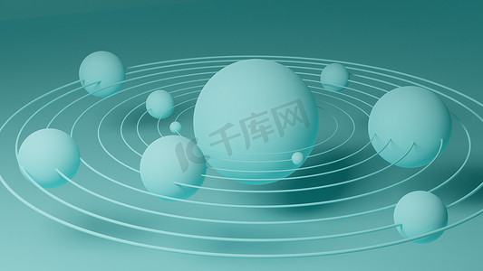 solar摄影照片_Planets with their orbits in the solar system. Abstraction on a blue background. 3d illustration render